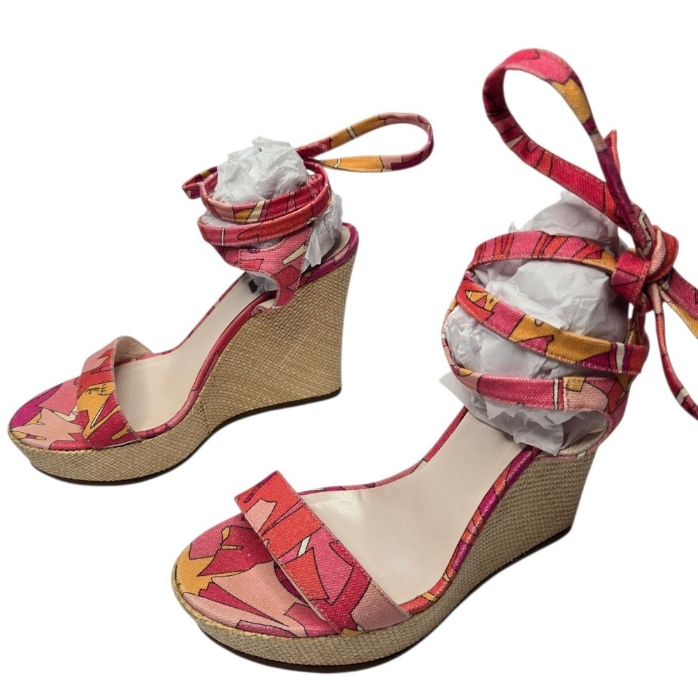 Emilio Pucci Y2K Raffia Espadrille Wedge Sandals 38 Pink Abstract Italy Tie Heel - Picture 7 of 16